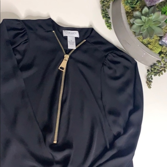 Carmen Marc Valvo Black zip front long sleeve blouse women’s medium - Picture 8 of 8